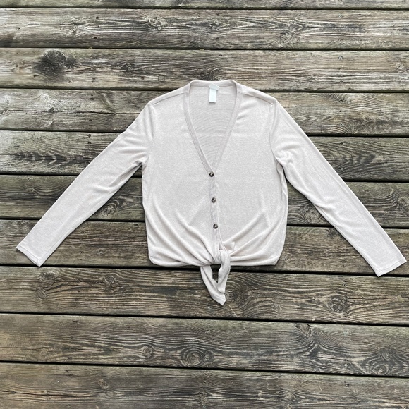 Top: H&M Light Beige Button Down Tie Waist Cardigan - Picture 1 of 11